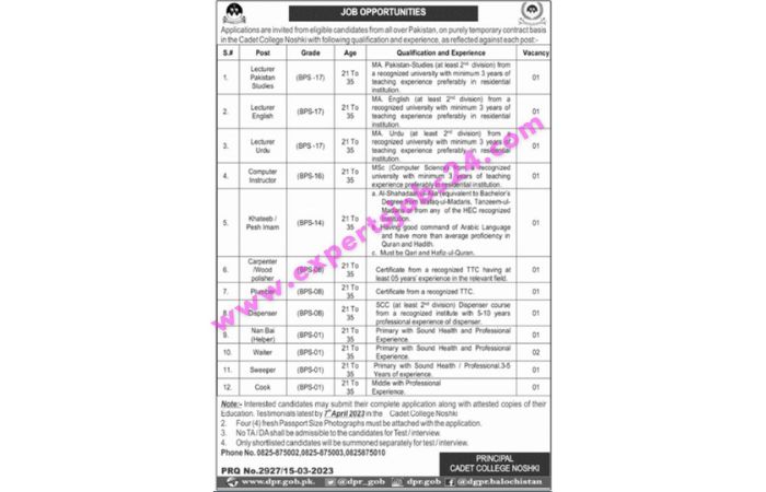 Job Positions at Cadet College Noshki